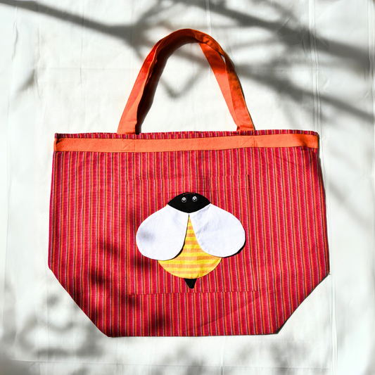 Handloom Cotton Tote Bag With Pink Bee Design