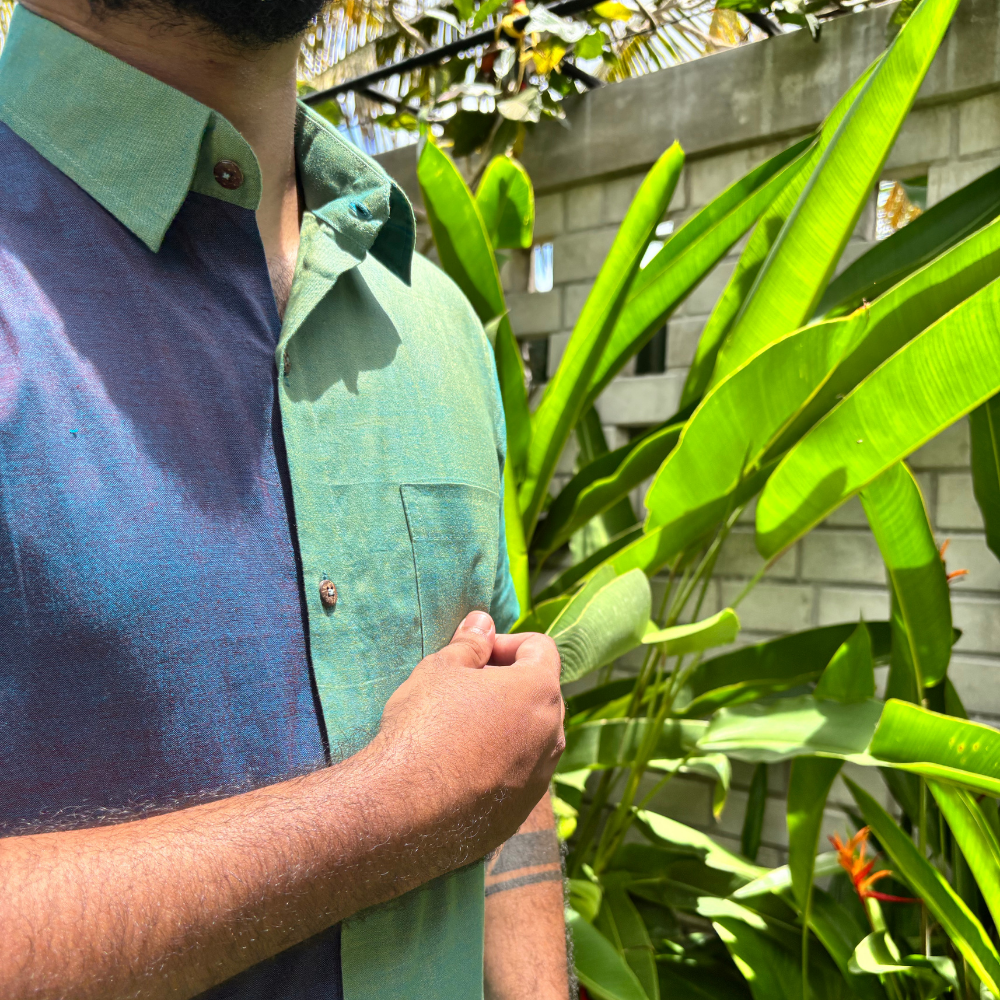 Green And Purple Mixed Blue Striped Handloom Shirt | Small Size