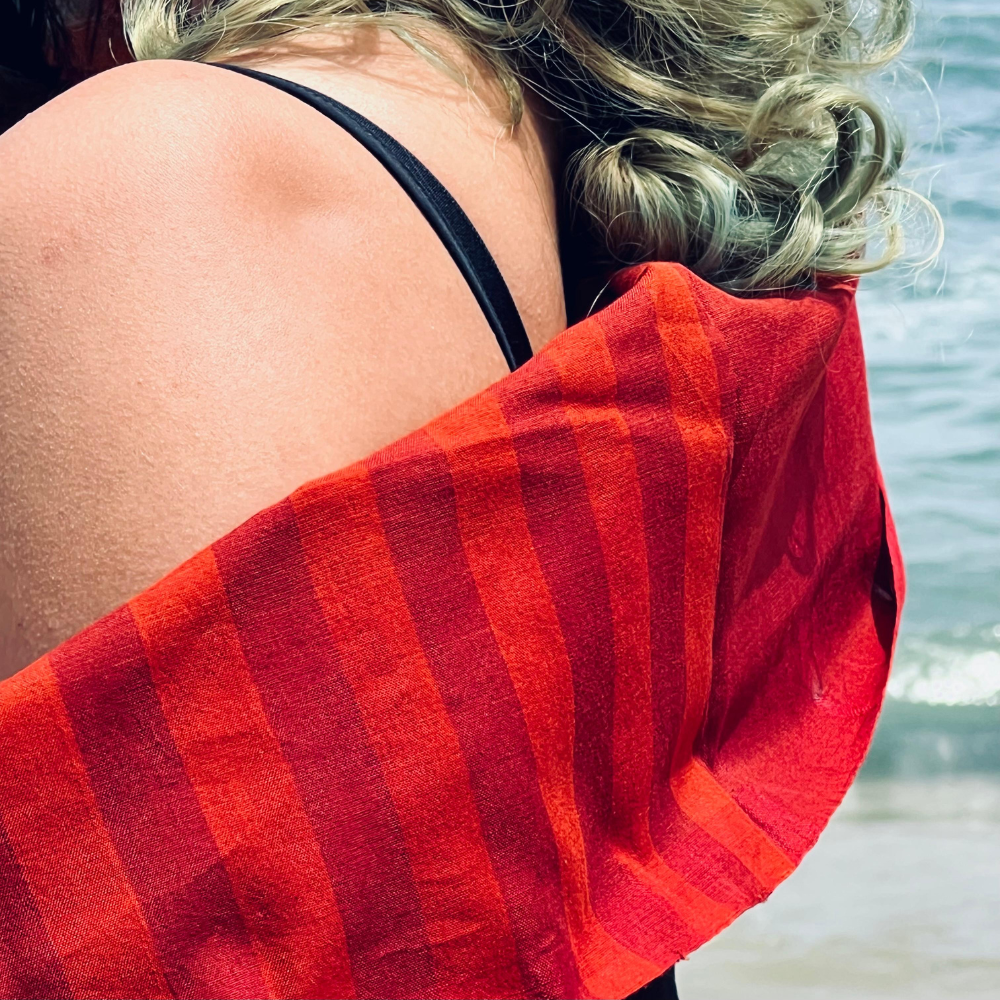 Red And Orange Striped Cotton Handloom Shawl