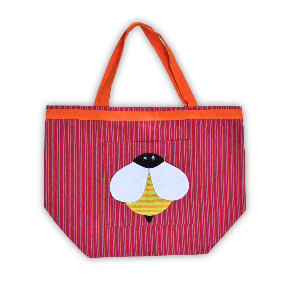 Handloom Cotton Tote Bag With Pink Bee Design