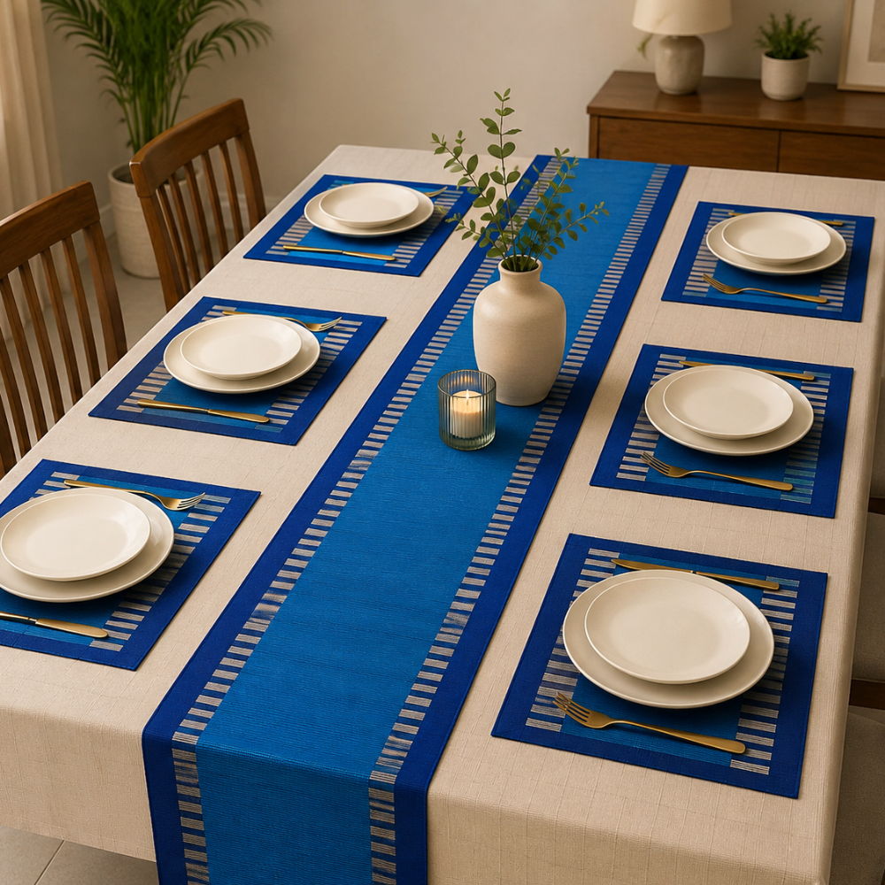 Blue And Ash Patterned Handloom Table Runner | 6 Seater