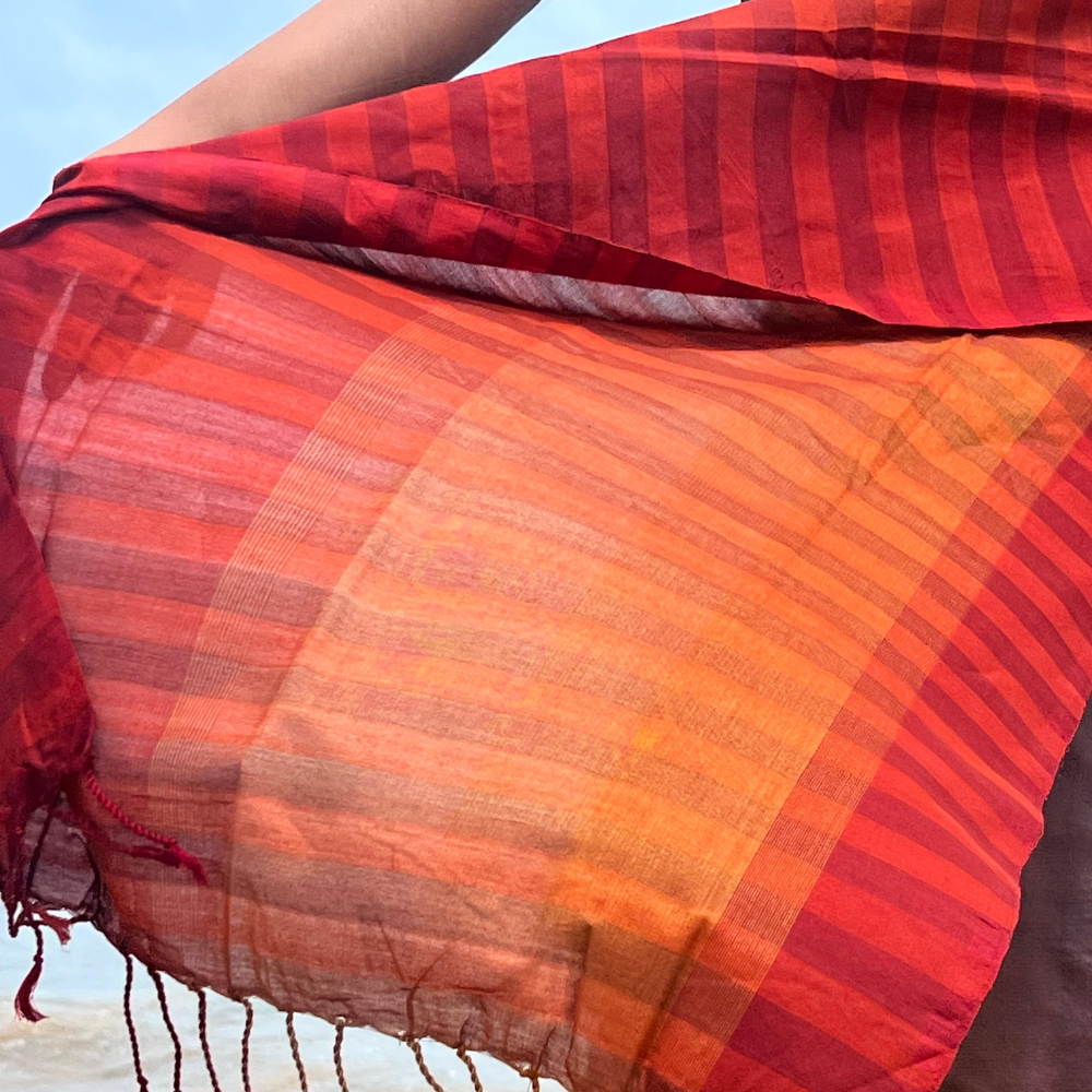 Red And Orange Striped Cotton Handloom Shawl