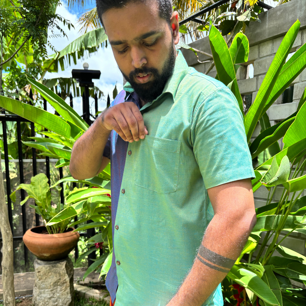 Green And Purple Mixed Blue Striped Handloom Shirt | Small Size