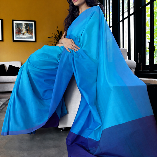 Light Blue , Dark Blue & Purple Handloom Cotton Saree with Tassels