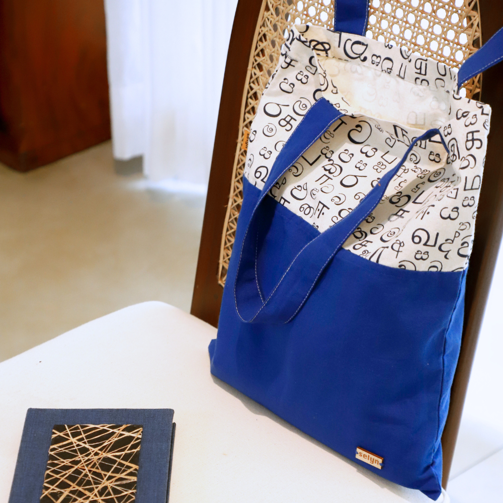Blue & White Akuru Tote Bag – Sinhala & Tamil Script Design