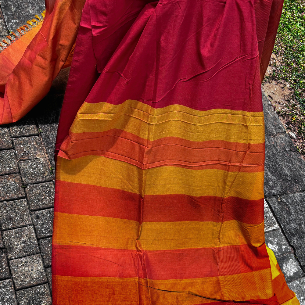 Rust Orange & Mustard Yellow Handwoven Cotton Saree with Tassels