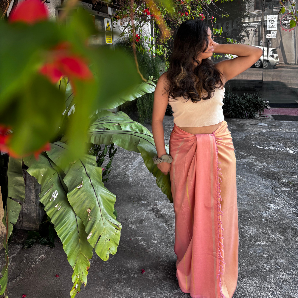 Soft Peach And Yellow Striped Silk Lungi