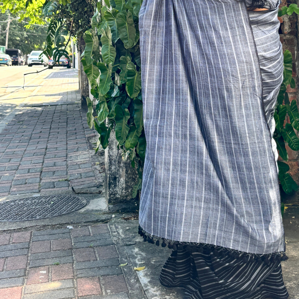 Black And Ash Stripe With Black Tussar Handloom Saree
