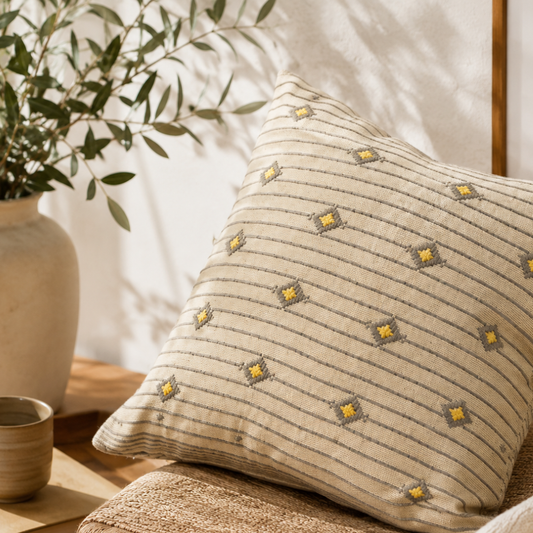 Yellow , Ash And Dull Green border Dumbara Cushion Cover | 18 x 18 Inches