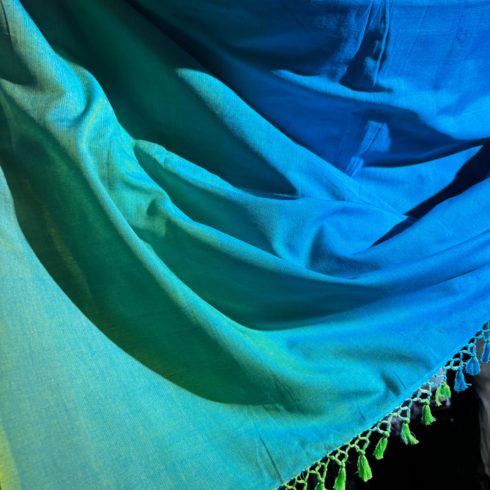 Green , Yellow & Blue Handloom Cotton Saree with Tassels