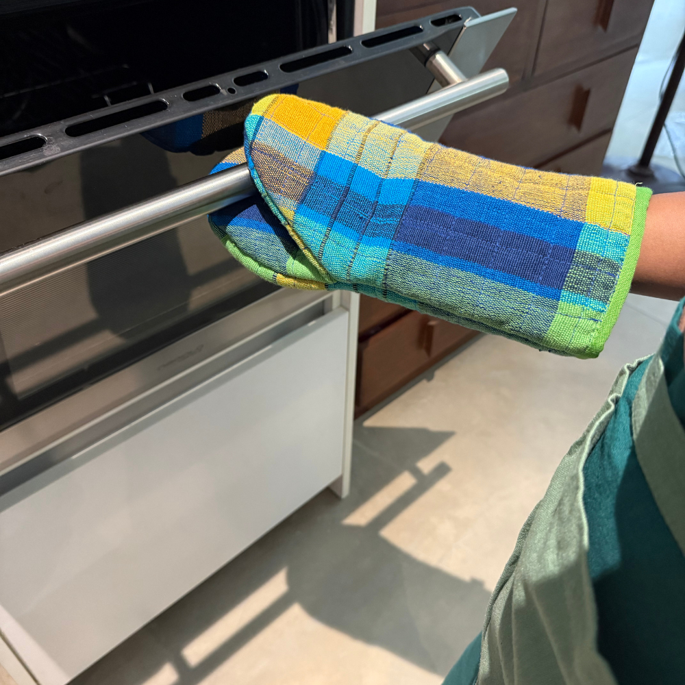 Blue And Yellow Patchwork Handloom Oven Glove