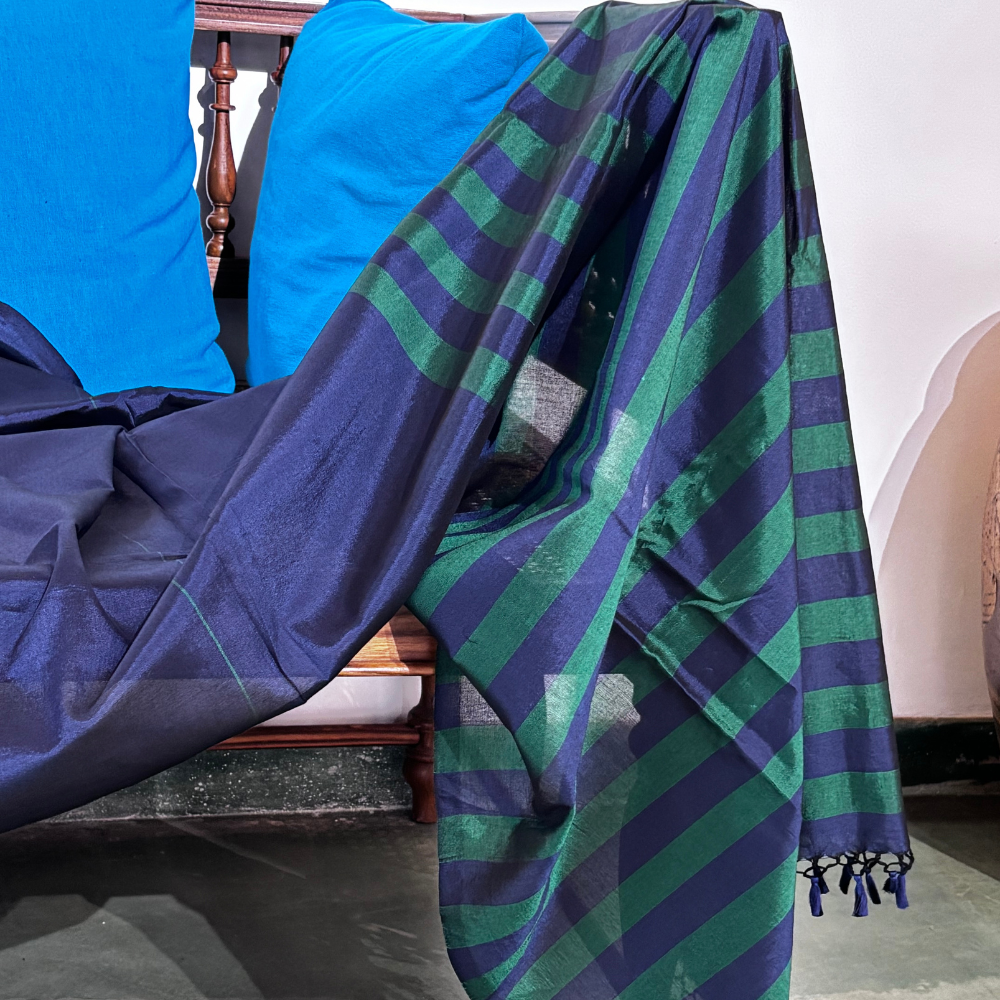 Dark Green And Navy Blue Handloom Rayon Silk Saree with Tassels