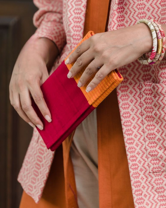 Handloom Fabric Wallet - Red & Orange  | Large Size