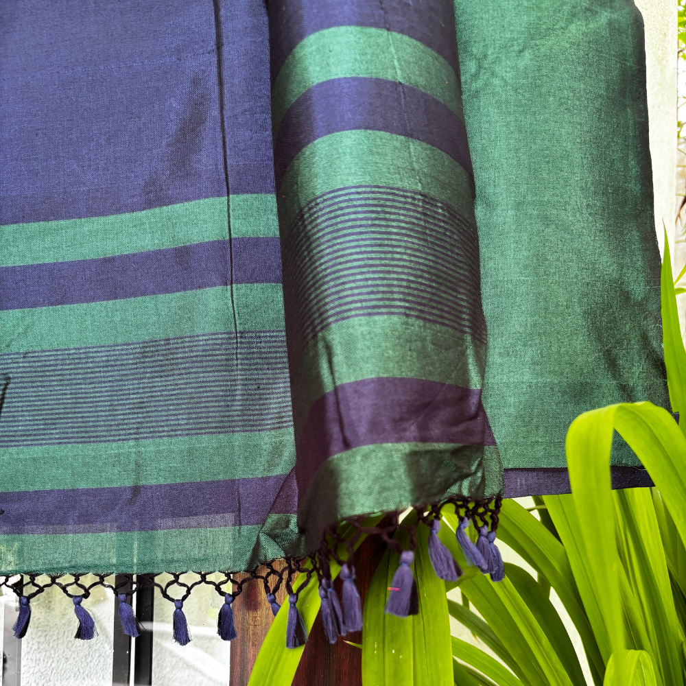 Dark Green & Navy Blue Striped Handloom Rayon Silk Saree with Tassels