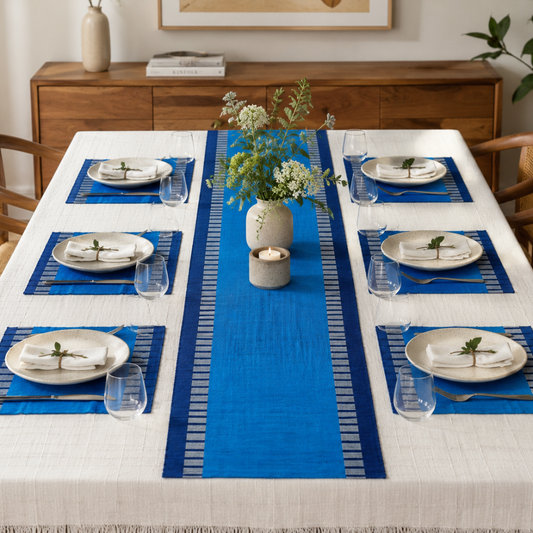 Blue And Ash Patterned Handloom Table Runner | 6 Seater