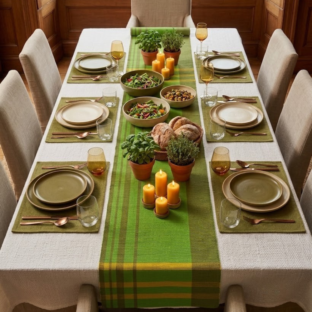 Green And Yellow Handloom Table Runner | 8 Seater