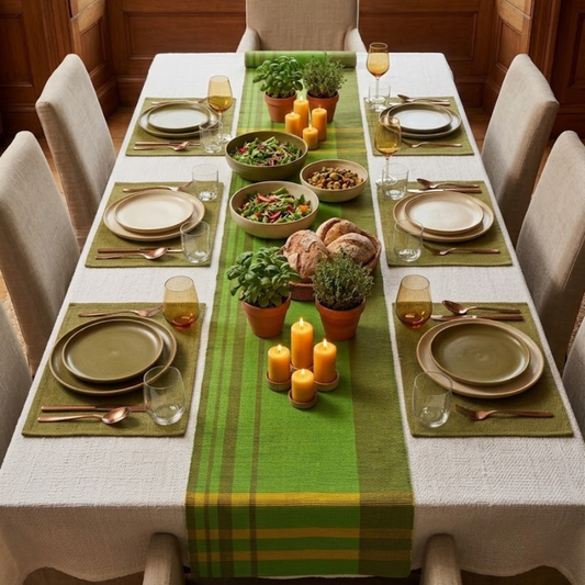 Green And Yellow Handloom Table Runner | 8 Seater