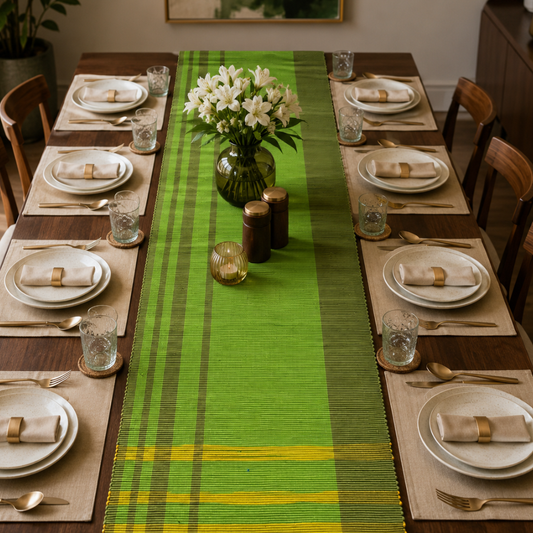 Green And Yellow Handloom Table Runner | 8 Seater