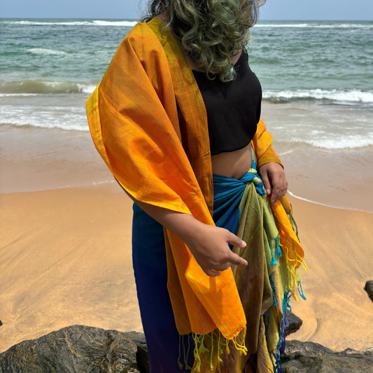 Orange , Green And Mustard Cotton Handloom Shawl
