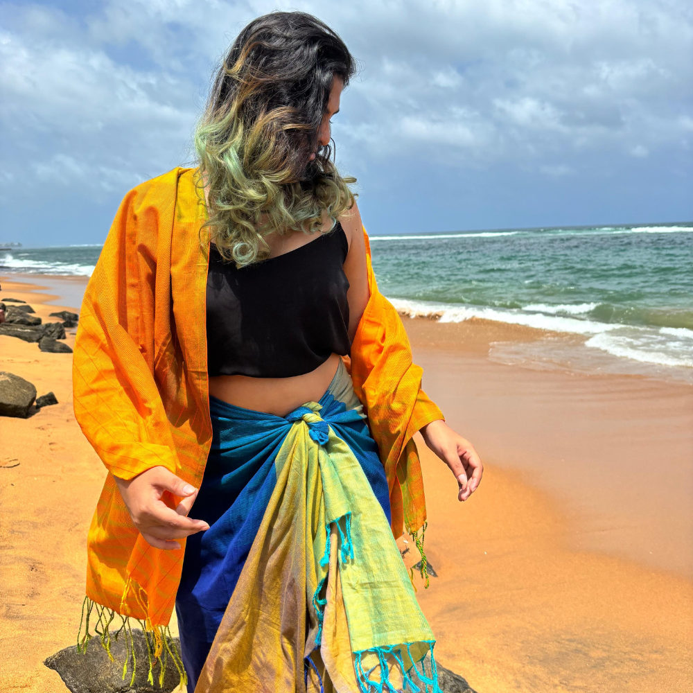 Orange , Green And Mustard Cotton Handloom Shawl