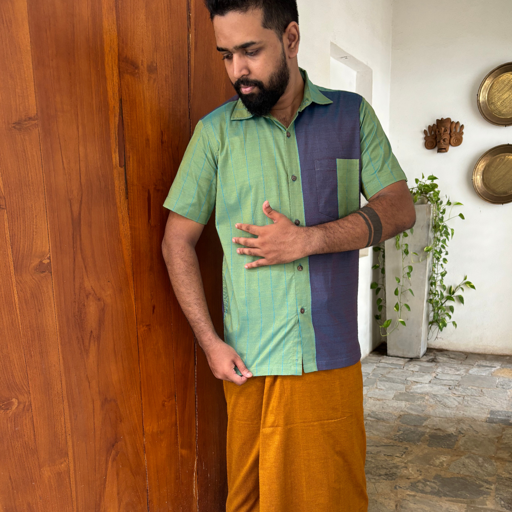 Green And Purple Mixed Blue Striped Handloom Shirt | Medium Size
