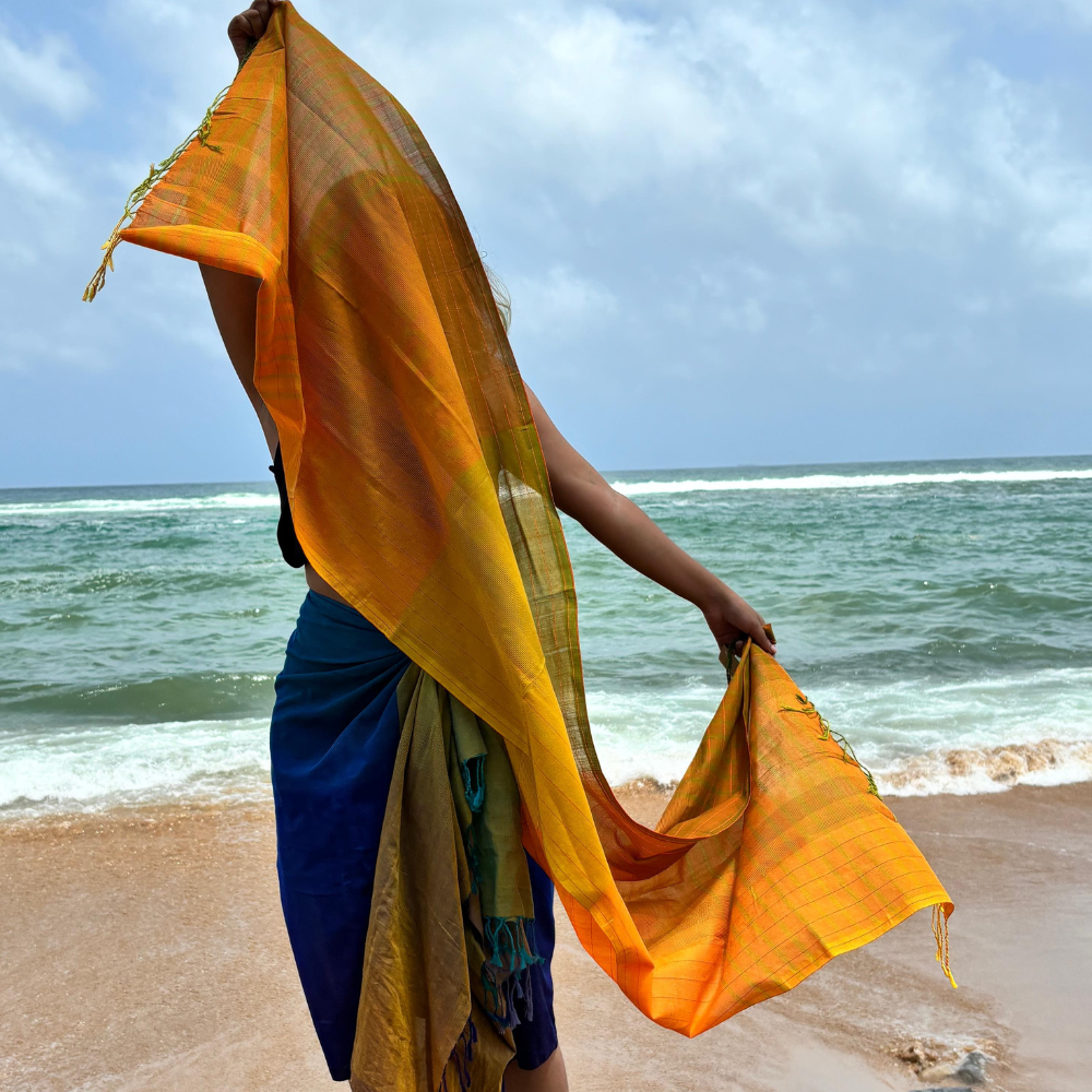 Orange , Green And Mustard Cotton Handloom Shawl