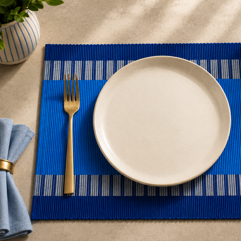 Blue & Ash Patterned Table Mat & Napkin Set-6 Seater