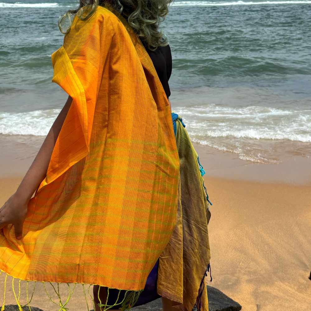Orange , Green And Mustard Cotton Handloom Shawl