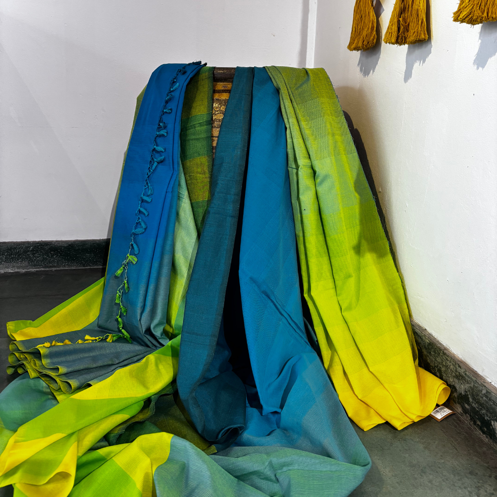 Green , Yellow & Blue Handloom Cotton Saree with Tassels