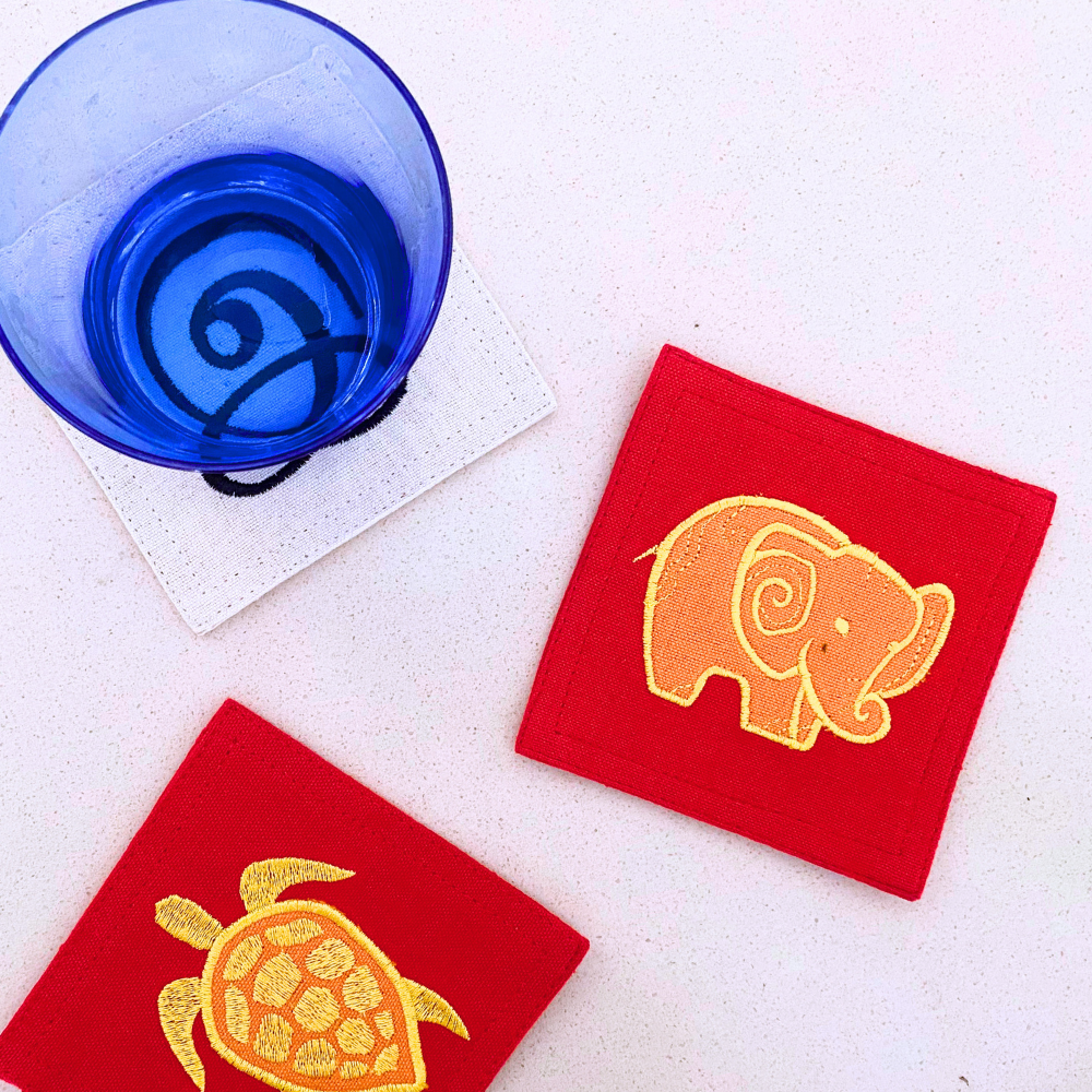 Orange Elephant Embroided Coasters