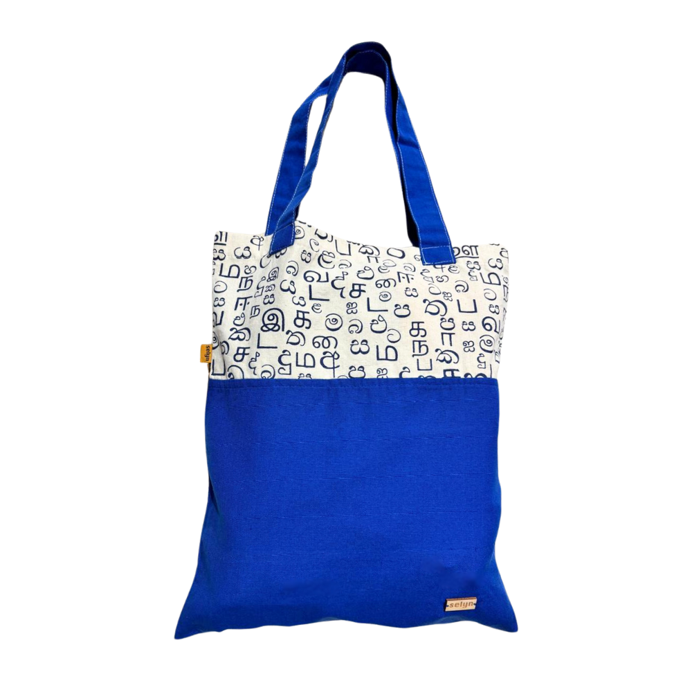 Blue & White Akuru Tote Bag – Sinhala & Tamil Script Design