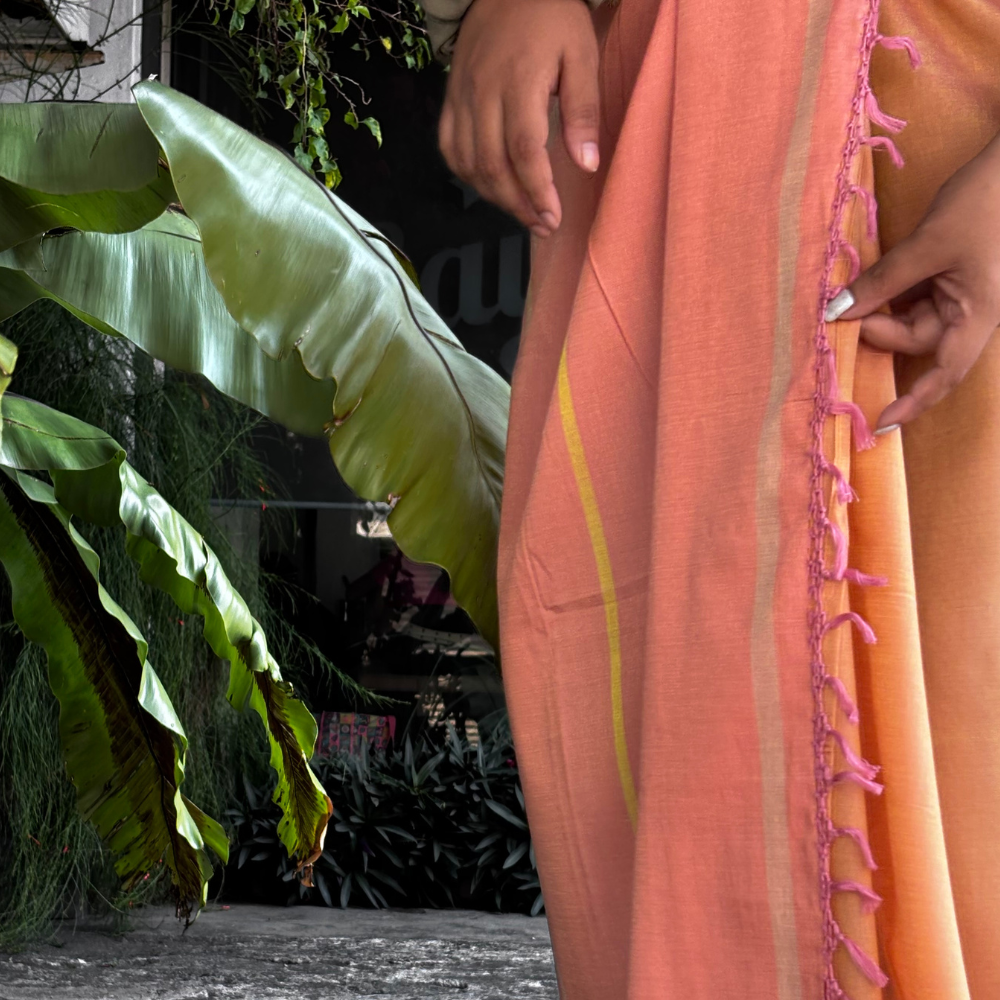 Soft Peach And Yellow Striped Silk Lungi
