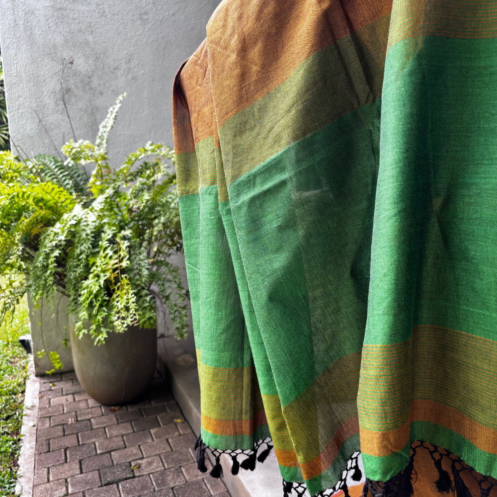 Mustard & Emerald Green Striped Handloom Cotton Saree with Tassels