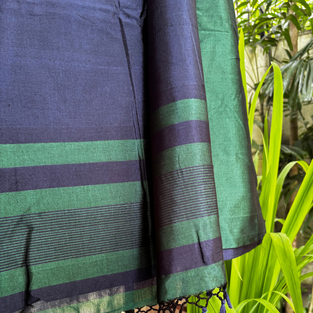 Dark Green & Navy Blue Striped Handloom Rayon Silk Saree with Tassels