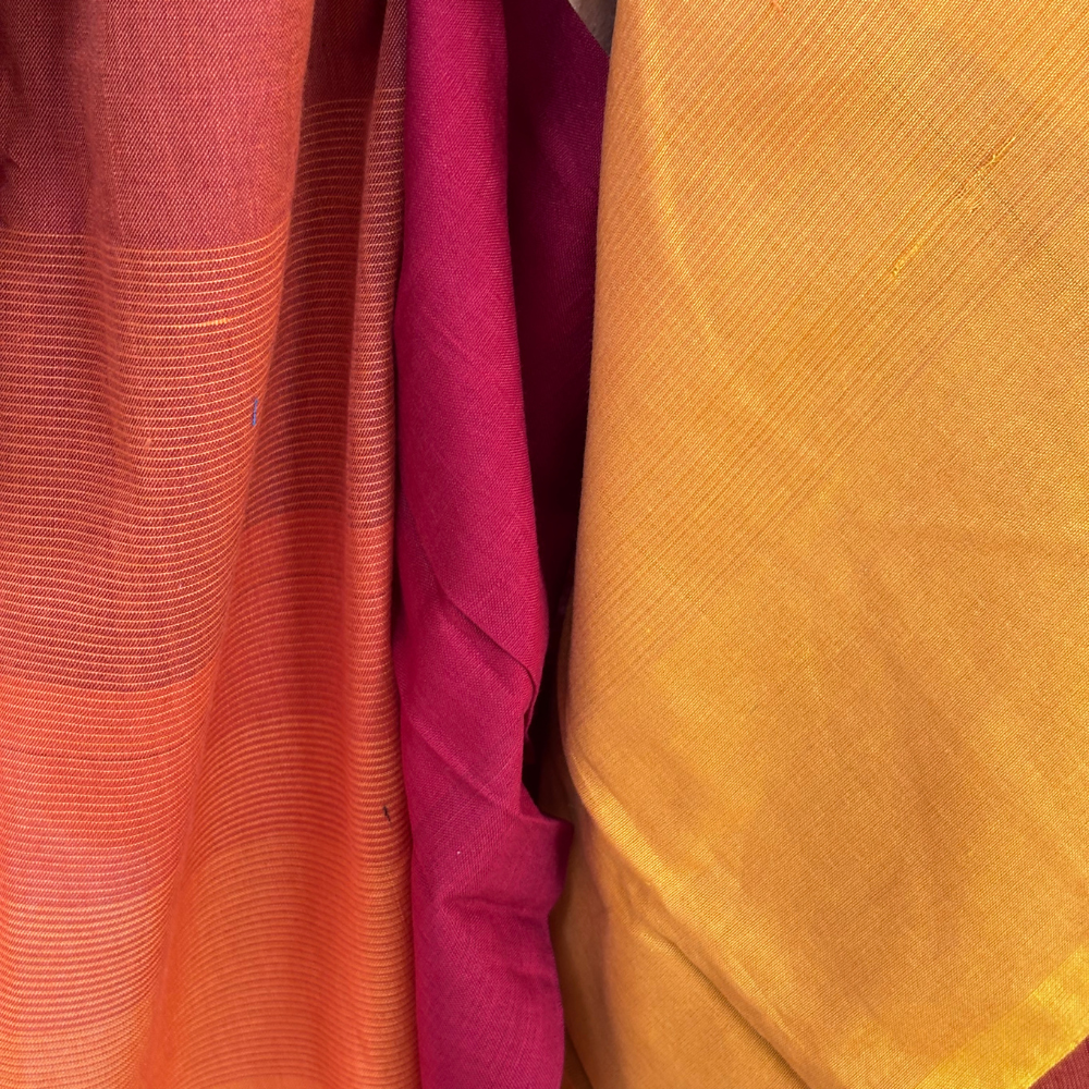 Rust Orange & Mustard Yellow Handwoven Cotton Saree with Tassels