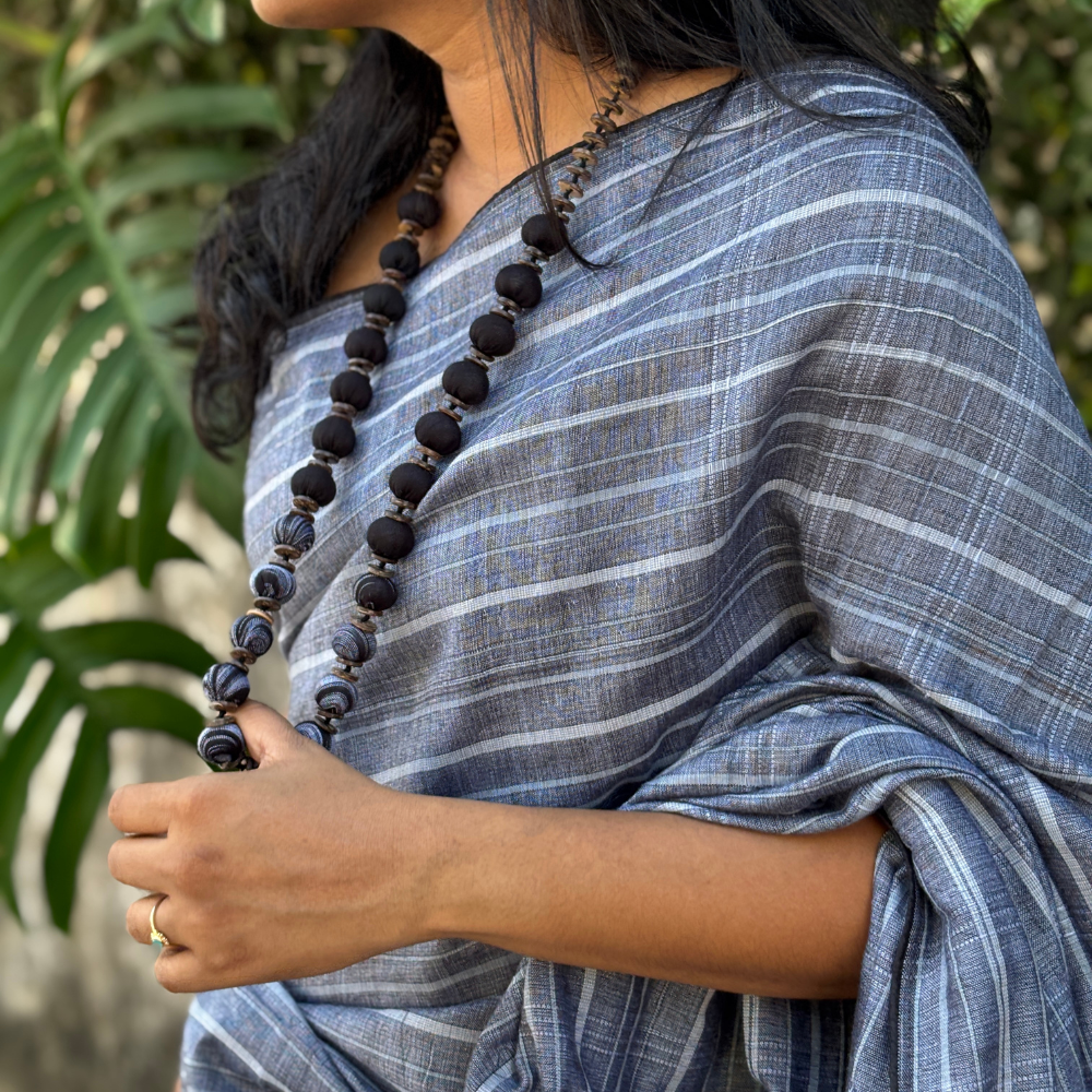 Black And Ash Stripe With Black Tussar Handloom Saree
