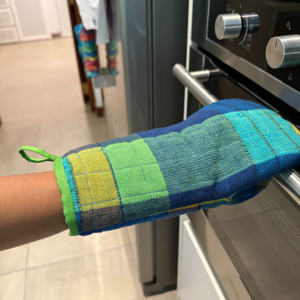 Blue And Yellow Patchwork Handloom Oven Glove