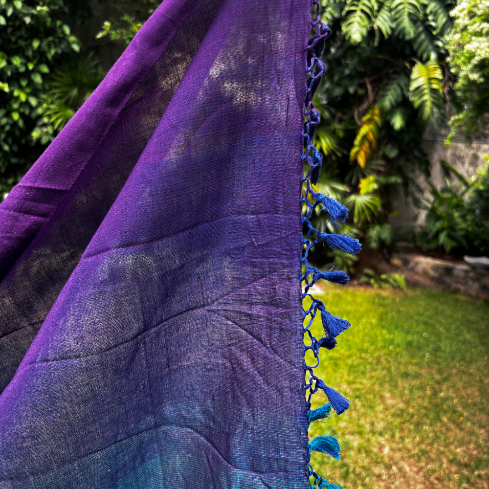 Blue And Purple Cotton Handloom Saree With Tassels
