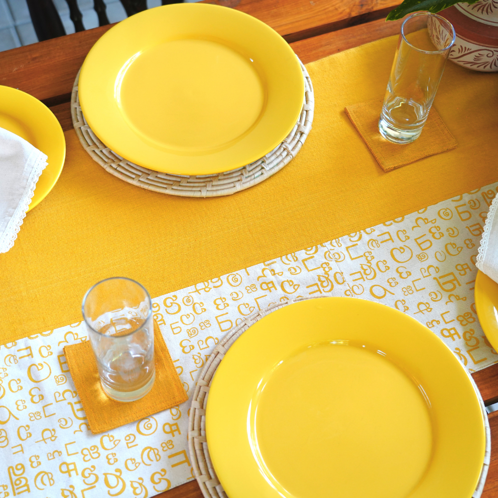 Yellow And White Akuru Handloom Table Runner | 8 Seater