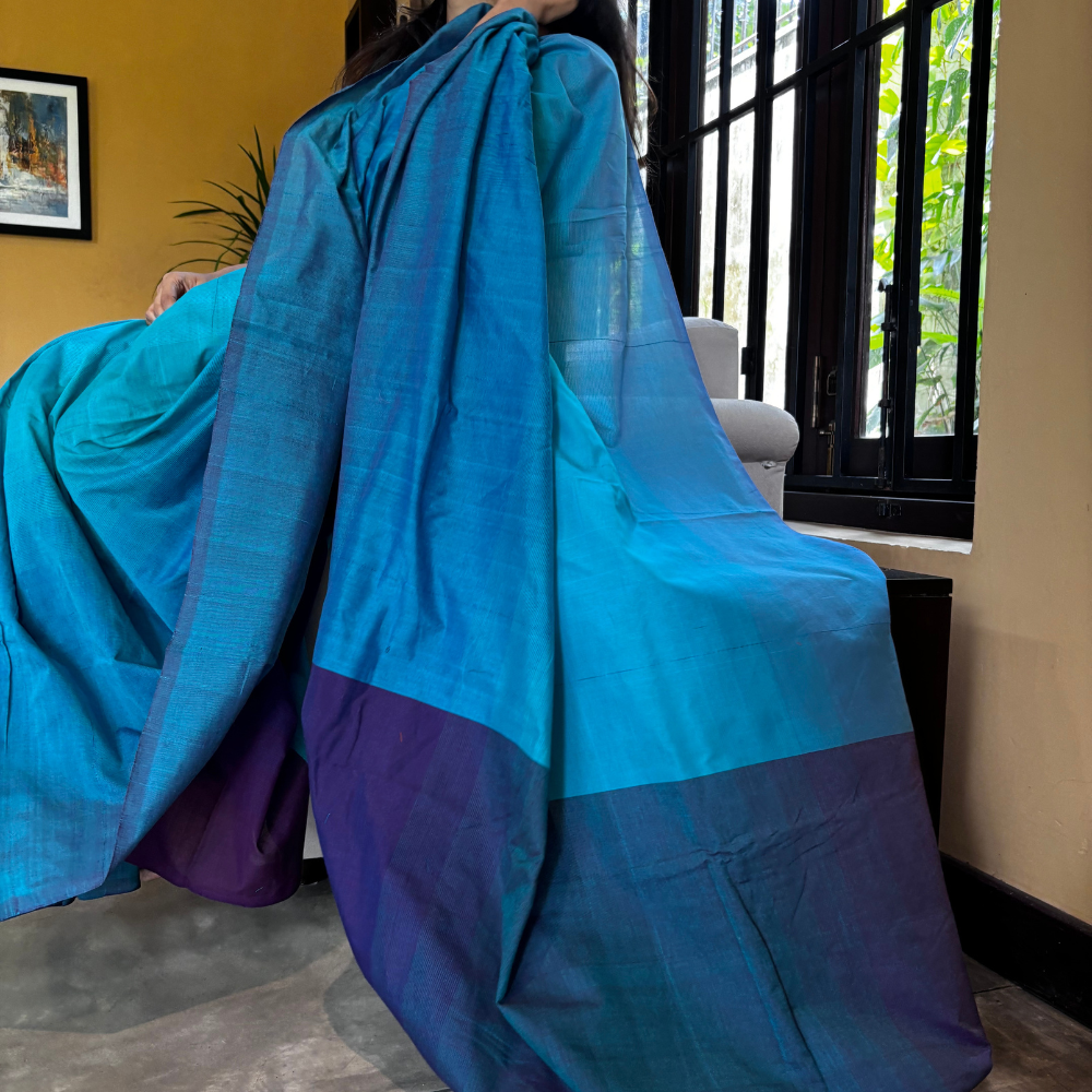 Light Blue , Dark Blue & Purple Handloom Cotton Saree with Tassels