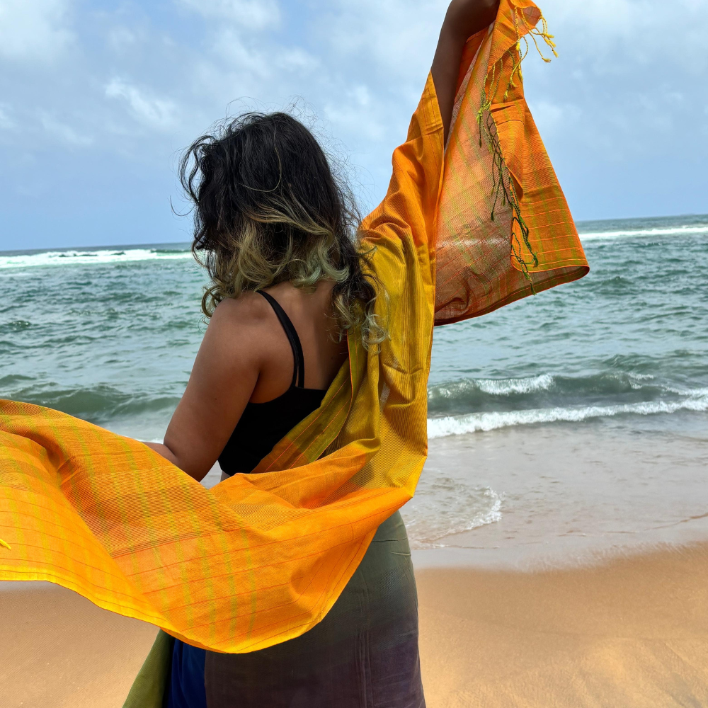 Orange , Green And Mustard Cotton Handloom Shawl