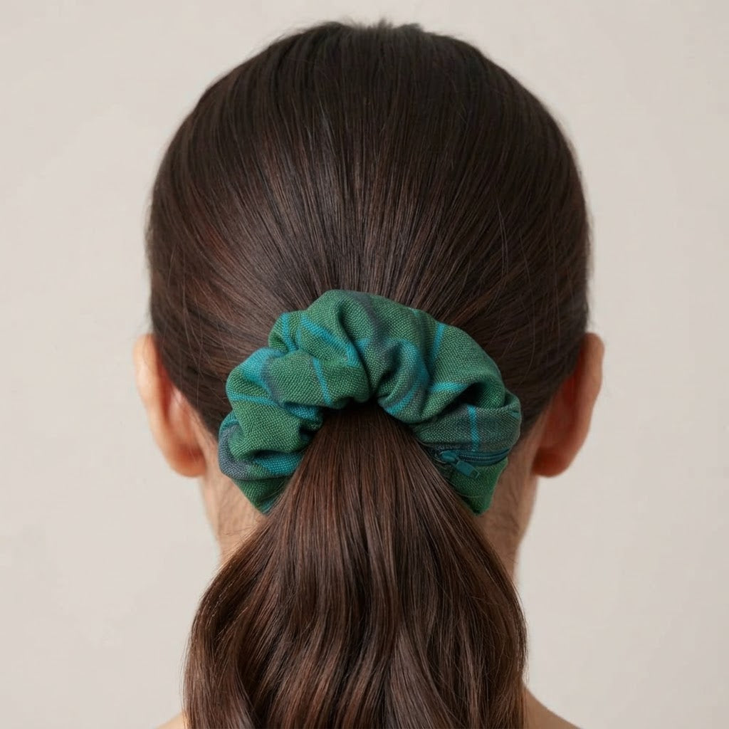 Green Striped Handloom Scrunchie with Small Pocket