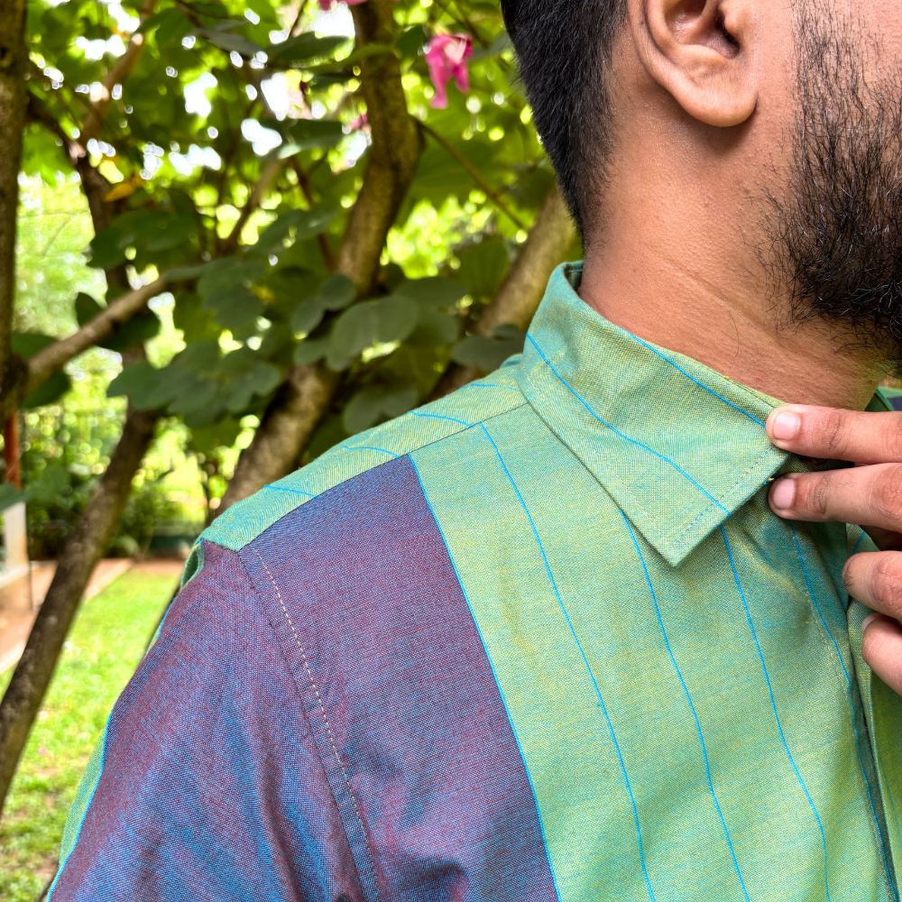 Green And Purple Mixed Blue Striped Handloom Shirt | Medium Size