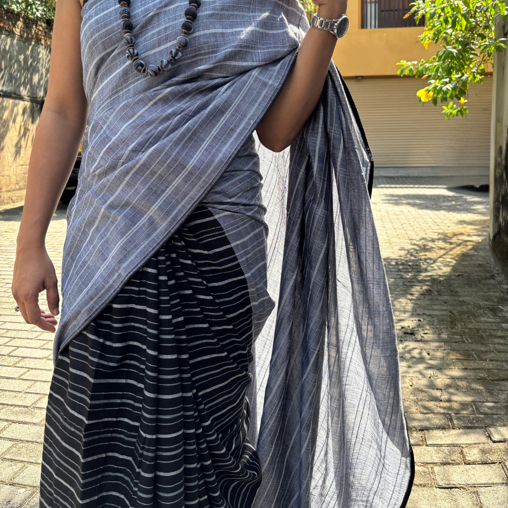 Black And Ash Stripe With Black Tussar Handloom Saree