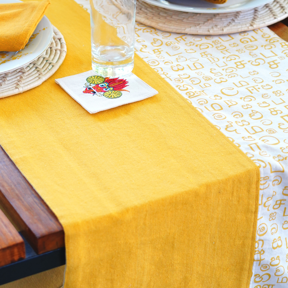 Yellow And White Akuru Handloom Table Runner | 8 Seater