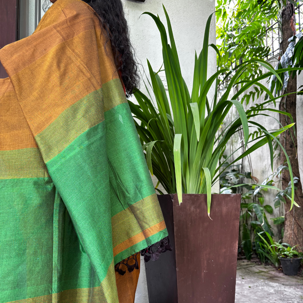 Mustard & Emerald Green Striped Handloom Cotton Saree with Tassels