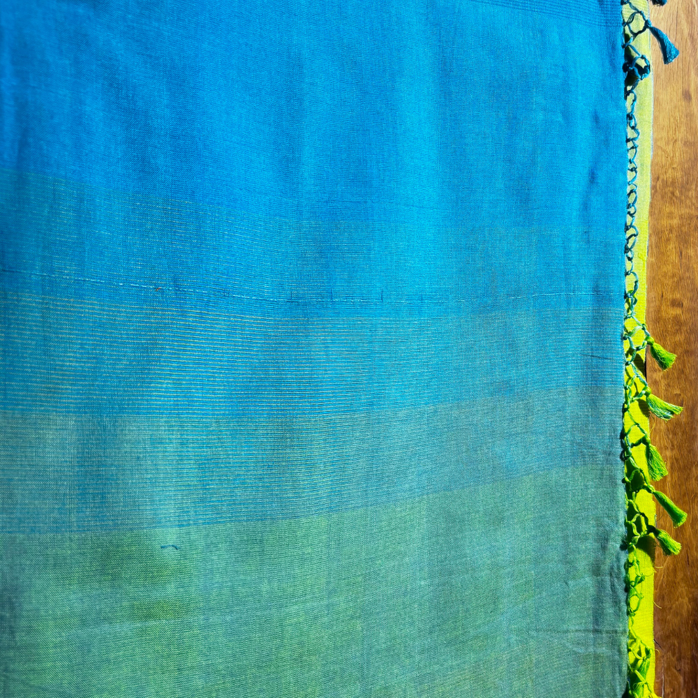 Green , Yellow & Blue Handloom Cotton Saree with Tassels