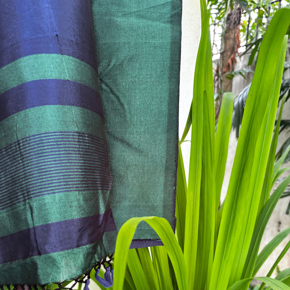 Dark Green & Navy Blue Striped Handloom Rayon Silk Saree with Tassels