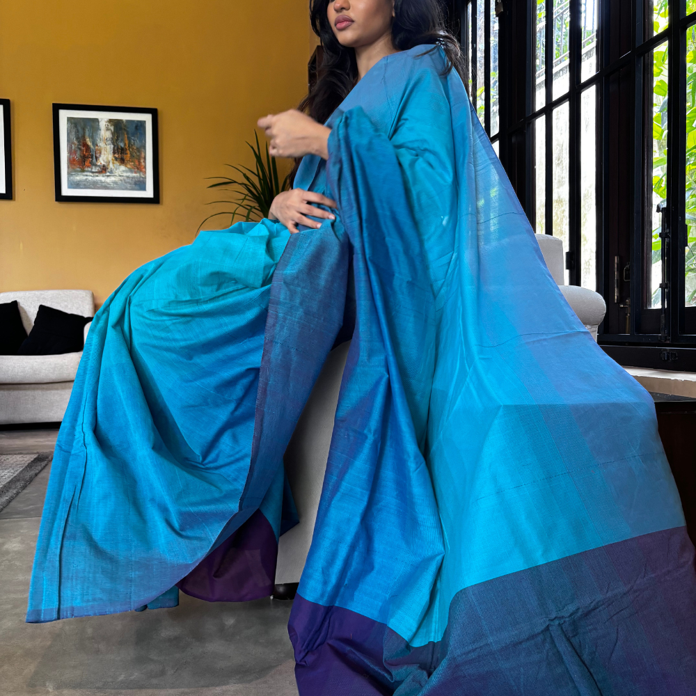 Light Blue , Dark Blue & Purple Handloom Cotton Saree with Tassels
