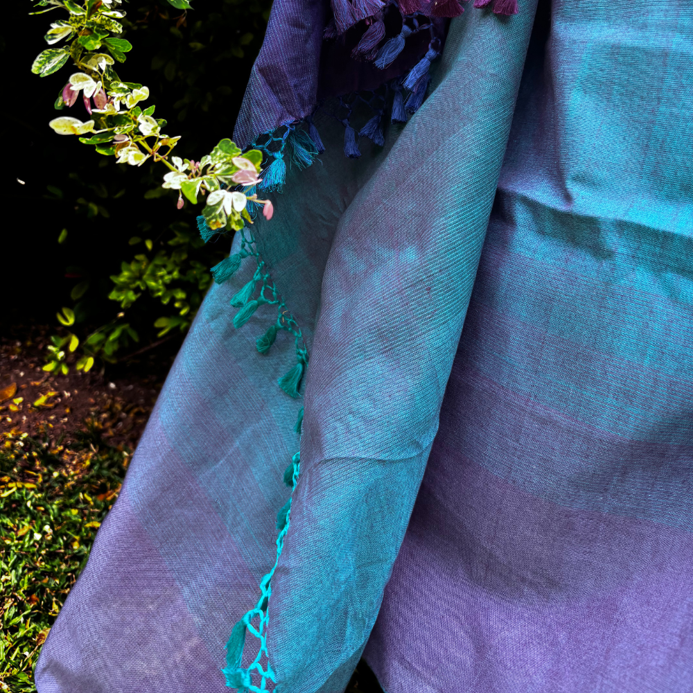 Blue And Purple Cotton Handloom Saree With Tassels